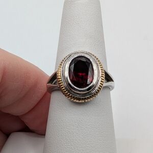 Sterling Silver and 14 Kt Gold Accent Garnet Oval Ring - Deep Red